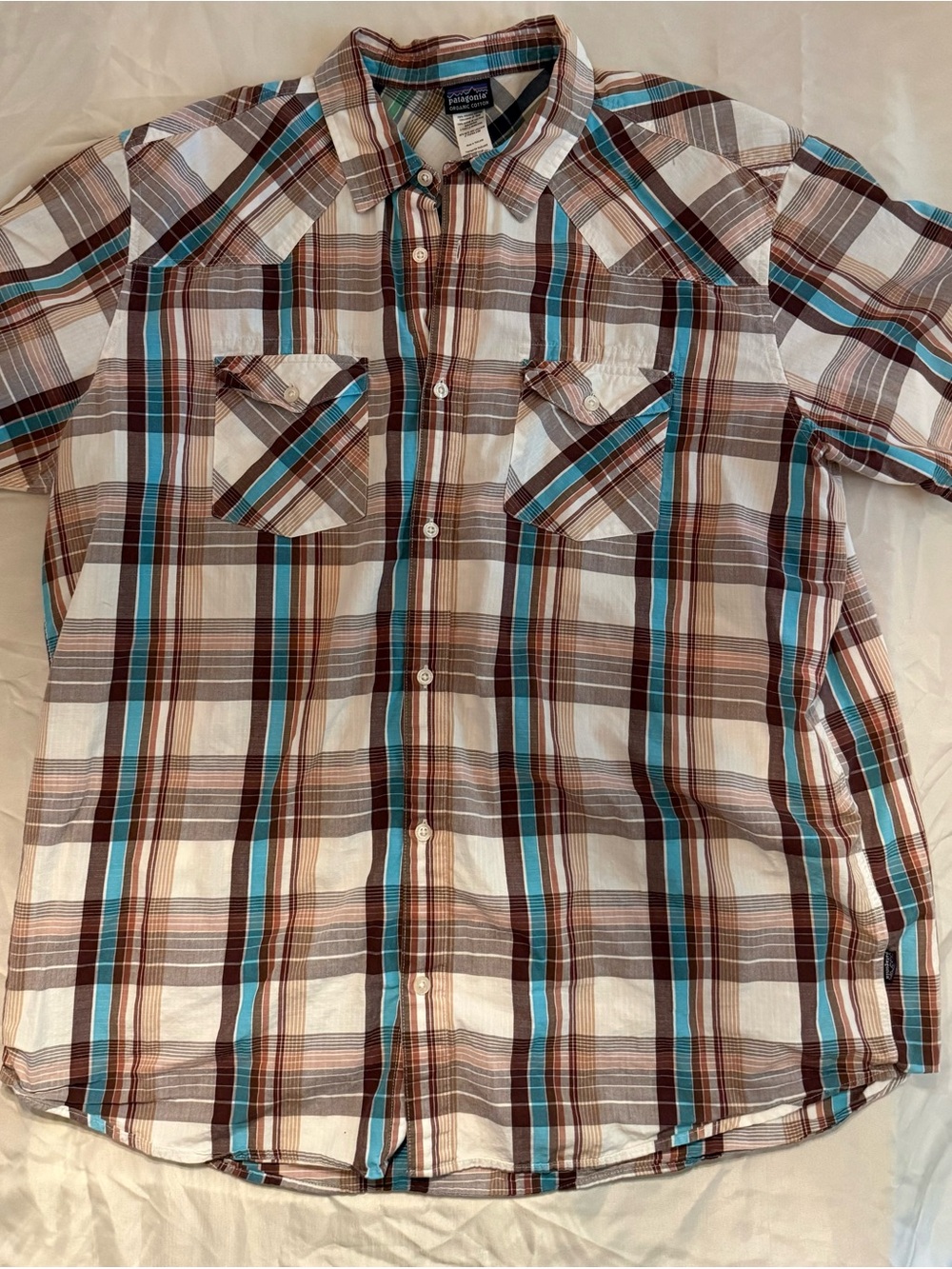 Patagonia Men’s Brown, Cream & Teal Plaid Button-Down Shirt